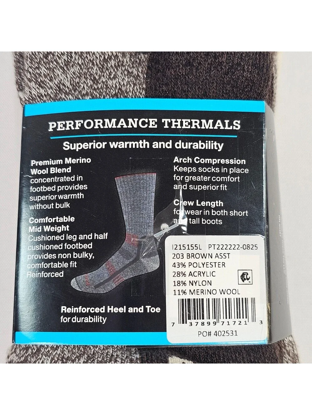 Dickies Mens 2 Pack Merino Wool Blend Performance Thermal Crew Socks Brown 6-12